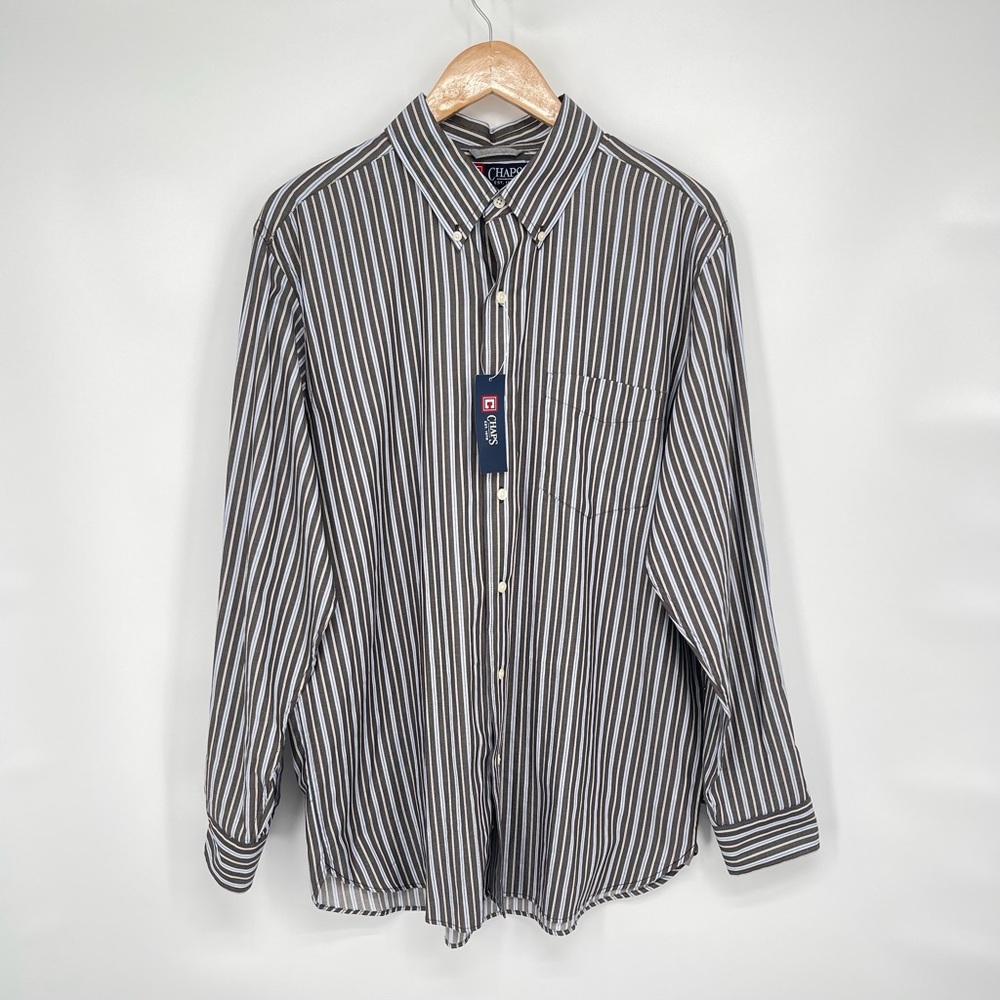 New CHAPS Button-Down Mens Large 100% Cotton Long Sleeve Grey Blue White Stripes - Picture 14 of 14